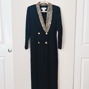 Vintage Black Coat with Leopard Print Collar